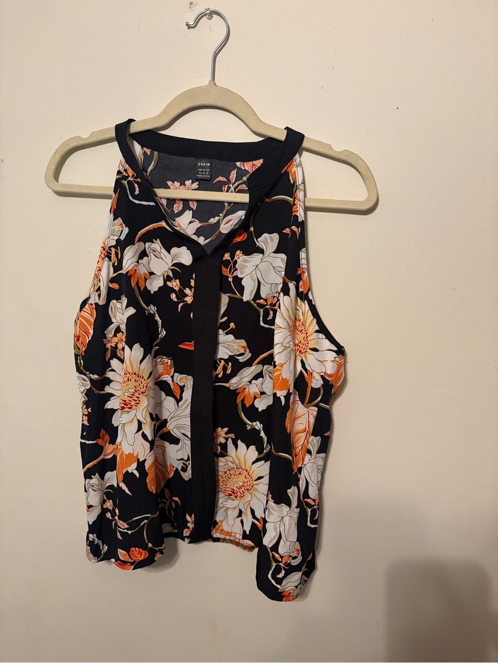 SHEIN Black Floral Sleeveless Camisole with White & Orange Blooms